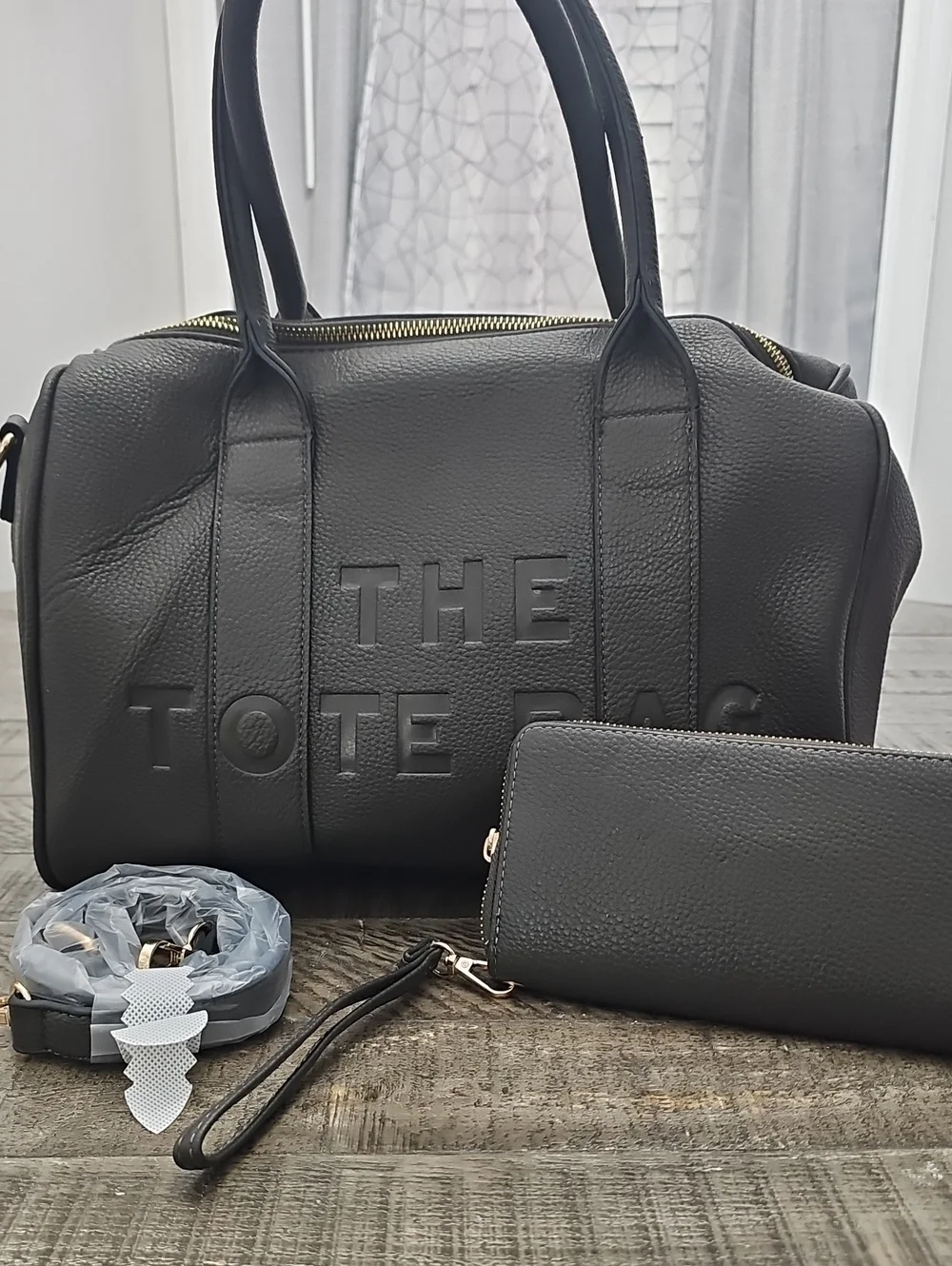 Black Leather Tote with Wristlet